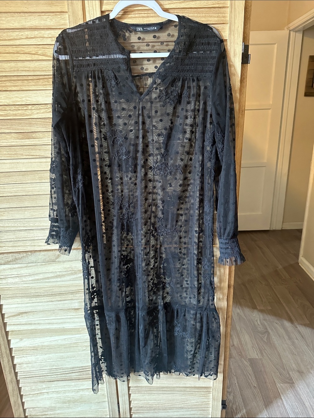 Zara Black Sheer Polka Dot & Floral Midi Dress